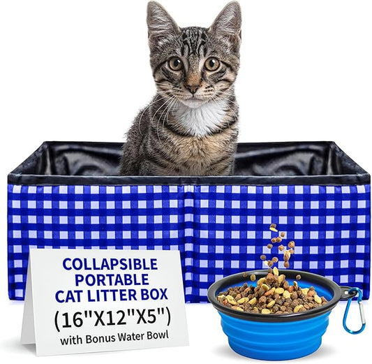 Pet Fit For Life - Vibrant Collapsible Travel Cat Litter Box - Portable, Foldable, Compact Design with Bonus Water Bowl - Ideal for Car & Camping - Reusable, Cats Safe - Blue, (16"x12"x5")
