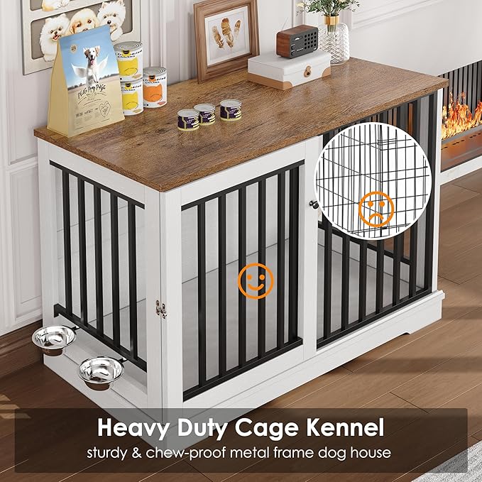 Dog Crate Furniture 47" Large Dog Kennel for Dogs Indoor, Heavy Duty Dog Cage with Sliding Door and 2 SUS Bowls Wooden End Table in Living Room for Small Medium Large Dogs, White