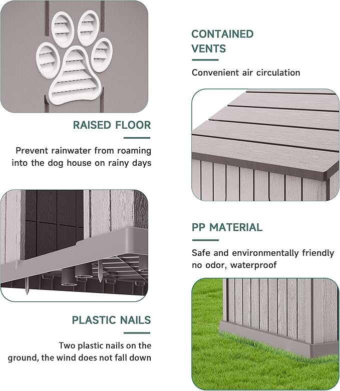DRATO Indoor Outdoor Waterproof Dog House,PP Material,Puppy Shelter with Air Vents and Elevated Floor,Sturdy Dog Kennel for Small to Large Sized Dogs, Easy to Assemble (Gray, 38.62×36.26×38.07 Inches)