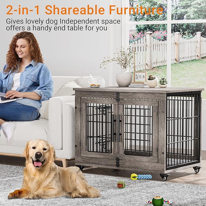 Lulive Dog Crate Furniture Set of 2, Dog Kennel Indoor Double Doors Wooden Dog Cage, 32'' Heavy Duty Dog Crate with Cushion & Wheels, End Table Pet House Chew-Resistant Up to 45 lb, Grey
