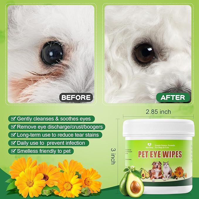 Pet Eye Wipes,Nature Eye Cleaning Wipes for Dogs&Cats Gentle Eye Cleaner Pads for Tear Stain Remover Eye Debris,Discharge,Mucus Secretions,Non-Irritation,Plant Based-240Ct