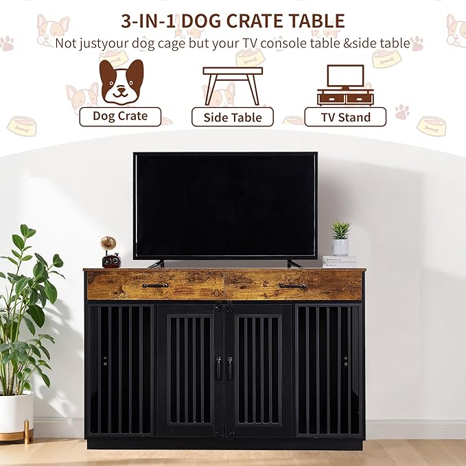 VECELO Dog Crate Furniture for Medium/Large Dogs, Wooden Dog Cage with Drawers, Double Door, Dog Kennel End Table, Brown