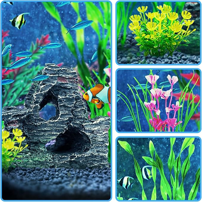 Fish Tank Accessories Aquarium Plants, 12pcs Colorful Fish Tank Artificial Plants and Cave Rock Decor Set, Aquarium Decorations Plants