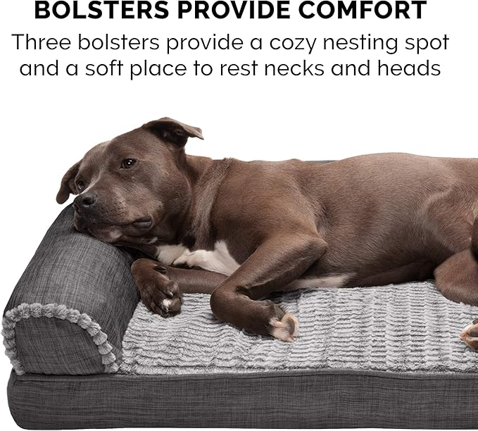 Furhaven Cooling Gel Dog Bed for Large Dogs w/ Removable Bolsters & Washable Cover, For Dogs Up to 95 lbs - Luxe Faux Fur & Performance Linen Sofa - Charcoal, Jumbo/XL