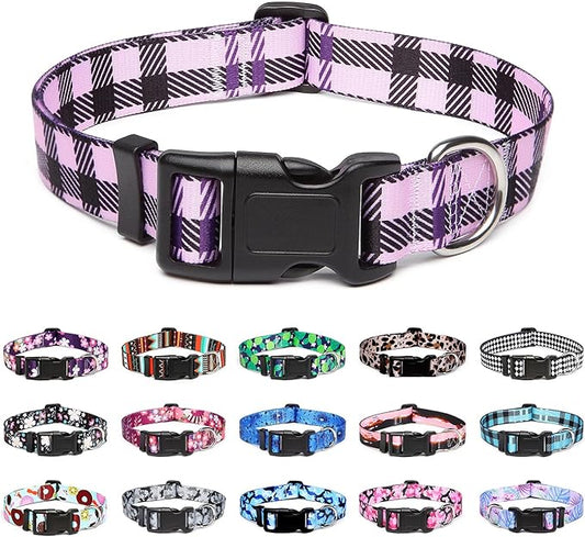 Mercano Adjustable Dog Collar - Special Design Patterns, Soft Nylon Comfortable Durable Pet Collar for Small Medium Large Dogs (L, Purple Plaid)