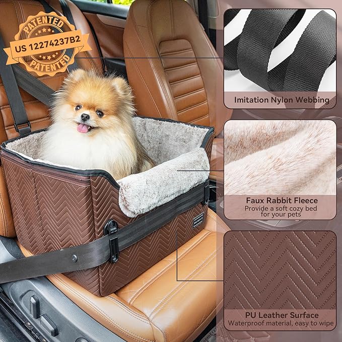 PETSFIT Car Seat for Dogs, Waterproof PU Leather Dog Car Seat for Small Dogs with Patent Safe Buckles, Clip-On Leash, Pet Travel Carrier Bed for Small Pets Up to 25lbs (Brown)