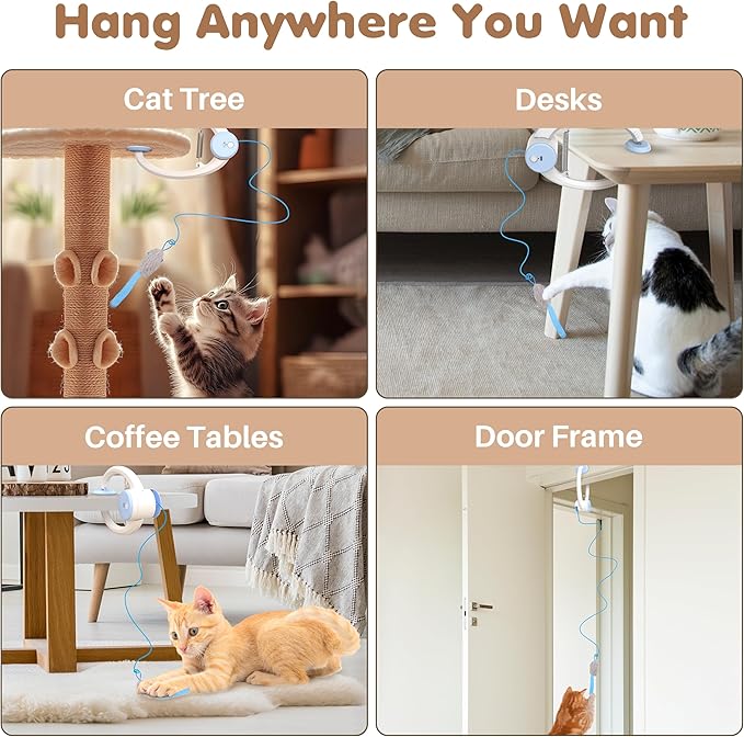 Interactive Cat Toys Rechargeable, Feather Toy for Indoor Cat, Hanging Retractable Teaser Toy, Automatic Kitten Play Chase Exercise Toys with Three Plush Mouse, USB Powered (Blue)