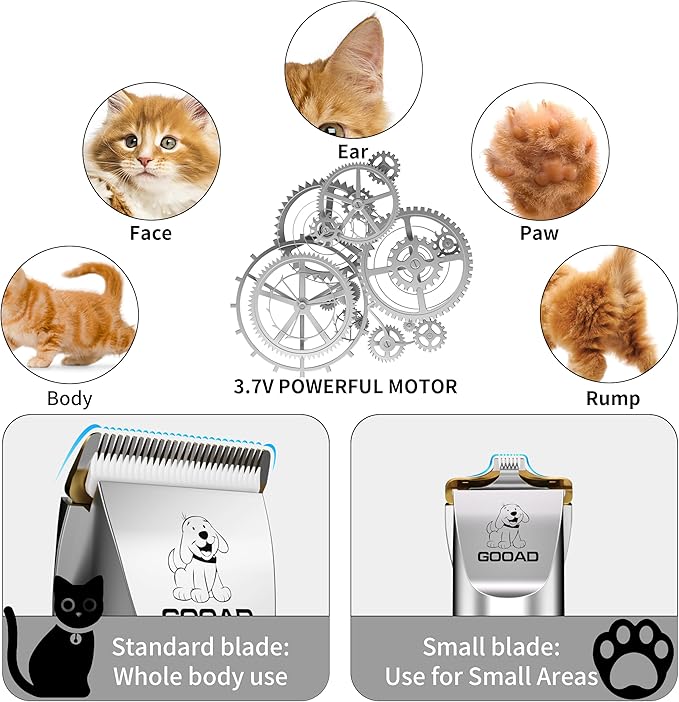 Goood Cat Clippers for Matted Hair - Cordless Cat Shaver, Low Noise Paw Trimmer, Quiet Pet Hair Clippers (Silver)