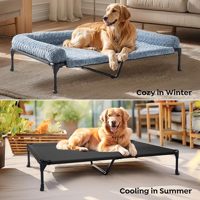 Veehoo Cooling Elevated Dog Bed Add Removable Deluxe Rose Plush Bolster Cushion Mat, 47" x 29" Washable Dog Couch Bed, Raised Pet Cot with Breathable Teslin Mesh, No-Slip Feet, Haze Blue, CWC2439B