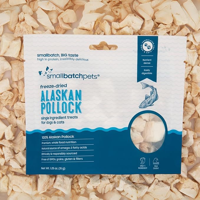 smallbatch Pets Freeze Dried Cat & Dog Treats, 1.25oz - Alaskan Pollock, Organic High Protein Treats, Omega 3 Fatty Acids, Gluten Free, Grain Free, Made in The USA, Ethically Sourced, Single Protein