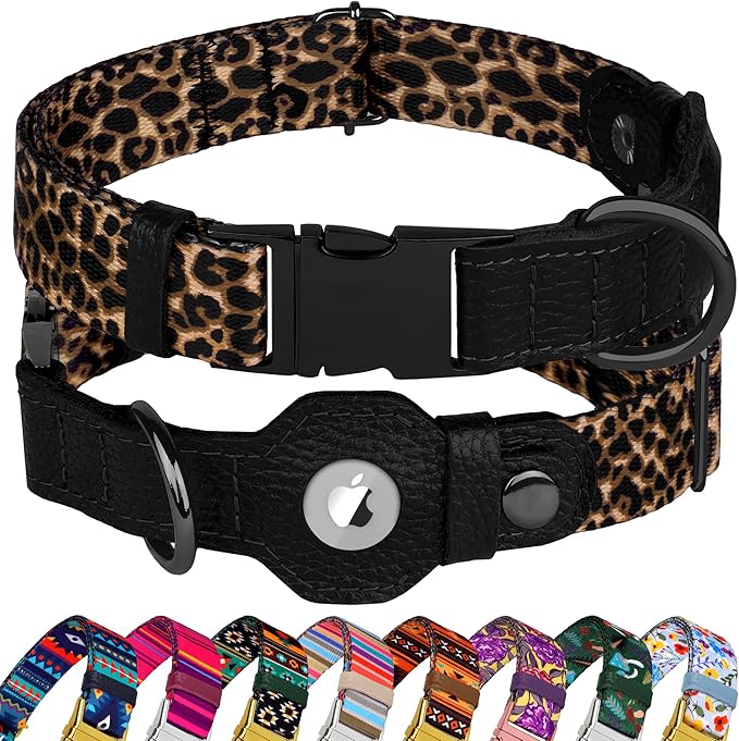 AirTag Dog Collar for Small Medium Large Breed - Adjustable Cute Pattern Dog Collar with Airtag Holder - Soft Leather Tracker GPS Apple Air Tag Pet Collars (X-Small, 9"-12" Neck Fit, Leopard)