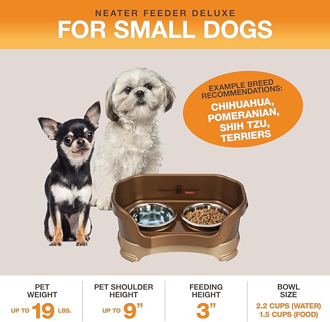 Neater Pet Brands Neater Feeder Deluxe Mess Proof Dog Bowls Elevated for Small Dogs Under 19 lbs, Made in USA, No Spill Raised Dog Food Bowl Stand Feeding Station, Food and Water Bowl Set, Bronze
