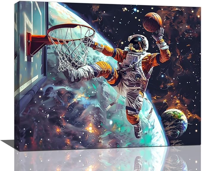 Quorin Astronaut Wall Art Funny Spaceman Basketball Pictures Space Galaxy Planet Wall Decor Canvas Print Painting Artwork for Bathroom Living Room Bedroom 16"x20"
