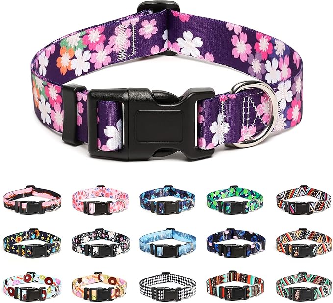 Mercano Adjustable Dog Collar - Special Design Patterns, Soft Nylon Comfortable Sturdy Pet Collar for Small Medium Large Dogs (M, Floral Pink)