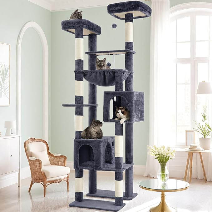 Hey-brother Tall Cat Tree Tower, Heavy Duty Scratching Posts with Large Platforms, Cozy Condos, Big Hammock, Toy Balls, Multi-Level Furniture for Indoor Adult Cats, 80.7 Inches, Smoky Gray MPJ039G