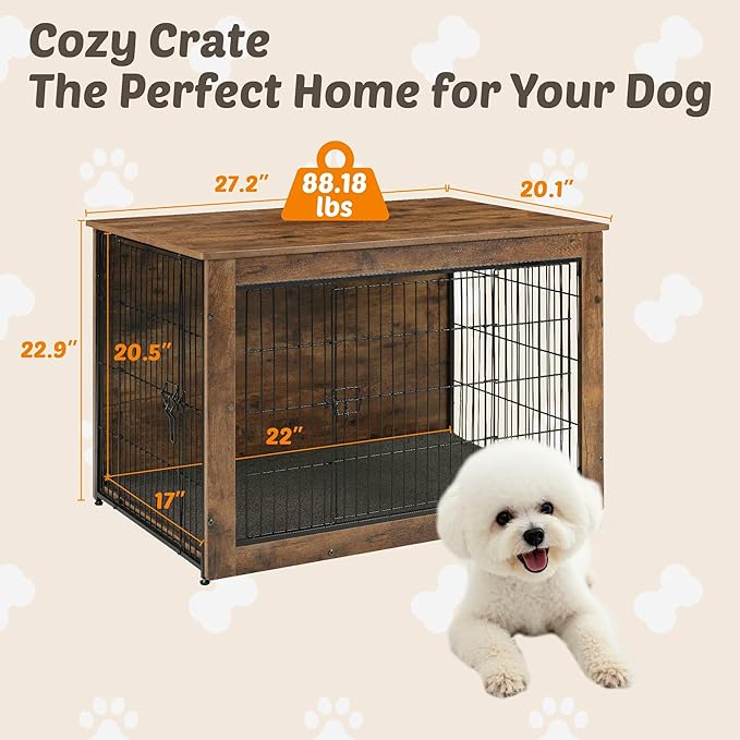 Dog Kennel Furniture, Wooden Dog Crate End Table with Dual Doors, Chew-Proof Design & Cushion, Heavy Duty Dog Crate, Decorative Pet Crate Dog Cage for Indoor (27 Inch)