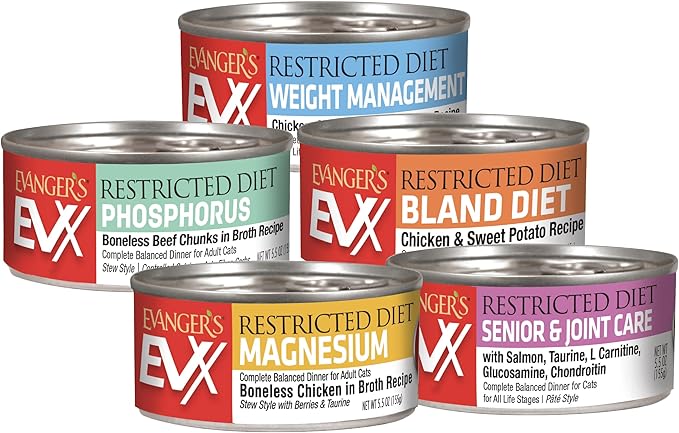 Evanger’s EVX Restricted Diet Magnesium Canned Cat Food – 24 Count, 5.5 oz Cans Each – Boneless Chicken in Broth with Berries – Grain Free, Limited Ingredients, Stew Style
