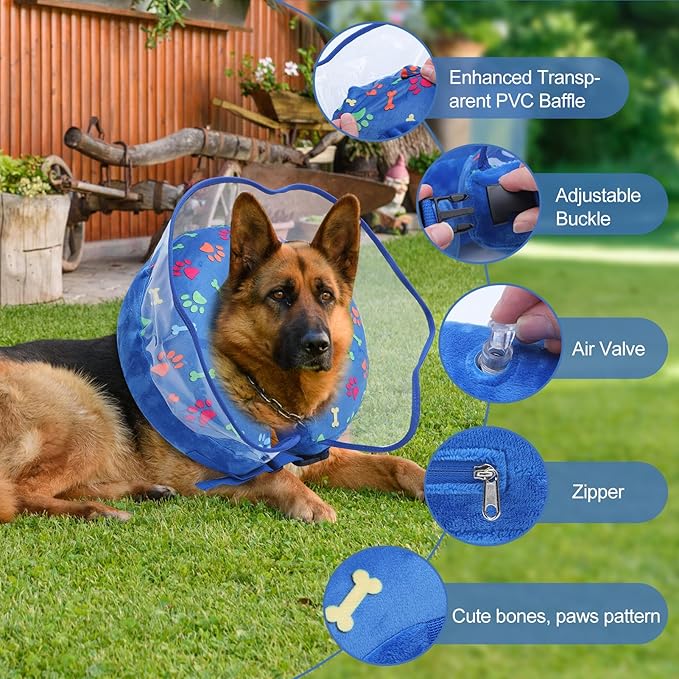 Inflatable Dog Cone Collar, Adjustable Size Soft PVC 2-in-1 Dog Donut Collar After Surgery with Detachable, Inflatable Collar for Small Medium Large Dogs and Cats (Blue, L)