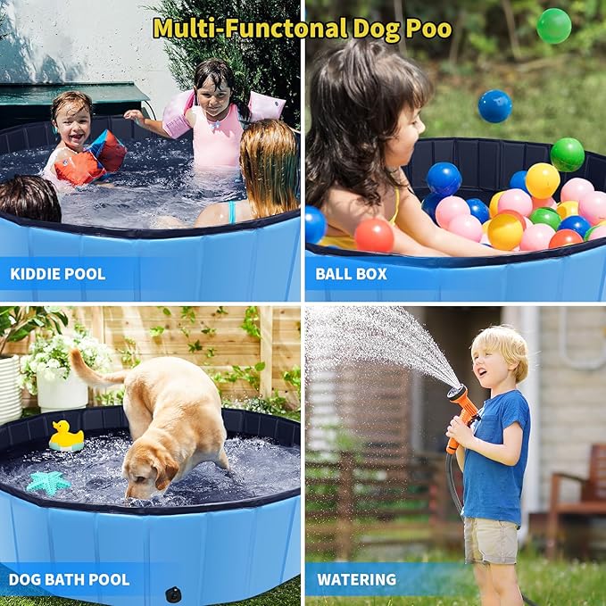 Foldable Dog Pool, 39" x 12" Kiddie Pool with Hard Plastic, Non-Slip Dog Bath Tub for Outdoor Backyard, Collapsible Dog Swimming Pool for Kids Dogs Pets (Blue)