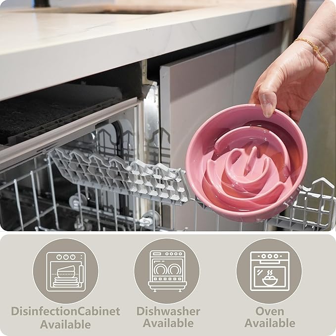 Ceramic Slow Feeder and Water Bowl Set for Small Dogs, Ceramic Dog Bowls Elevated with Wooden Stand, 0.6 Cups Dog Slow Feeder(14oz) and 30oz Water Bowl Set, Pink