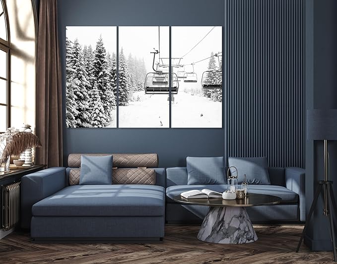 Nature Wall Art Prints - Ocean Forest Mountain Lake Canvas Landscapes - Small to Extra Large Living Room Bedroom Kitchen Bathroom Décor (Ski Lift on Snowy Mountain, 35L" x 53W" - 3 Panels)