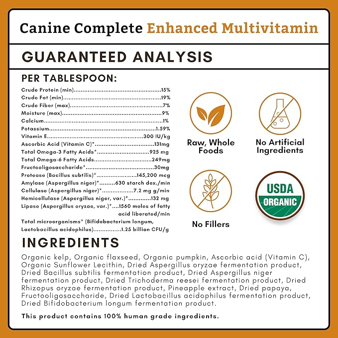 Wholistic Pet Organics Canine Complete - Dog Multivitamin Powder - 8 Oz - Daily Dog Vitamins and Supplements for Homemade Food - Immune System, Skin, Coat & Overall Health - Small and Large Breed