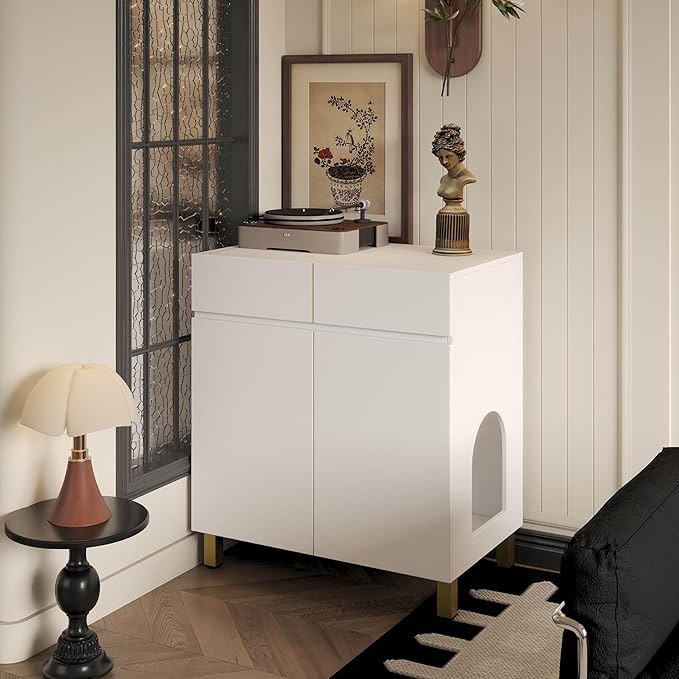 Large/Tall Litter Box Enclosure, Modern Wooden Litter Box Furniture for XL Litterbox with Drawer as Sideboard Cabinet (White)