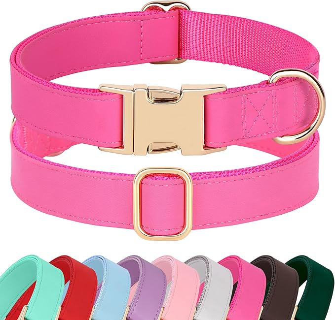 PET ARTIST Soft PU Leather Dog Collar, Bright & Stylish Hot Pink Dog Collar Girl with Quick Release Rose Metal Buckle, Nylon Padded Durable Pet Collars Adjustable for Small Dogs, Neck Fit 9-14"