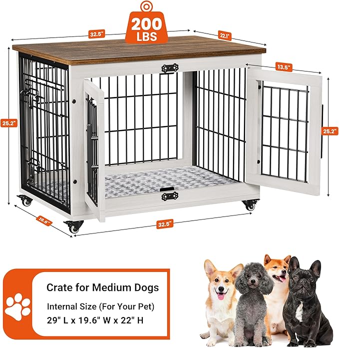 Lulive Dog Crate Furniture for Medium Dogs, 32'' Dog Kennel Indoor with Cushion & Wheels Wooden Dog Cage Double Doors Dog Crate End Table, White