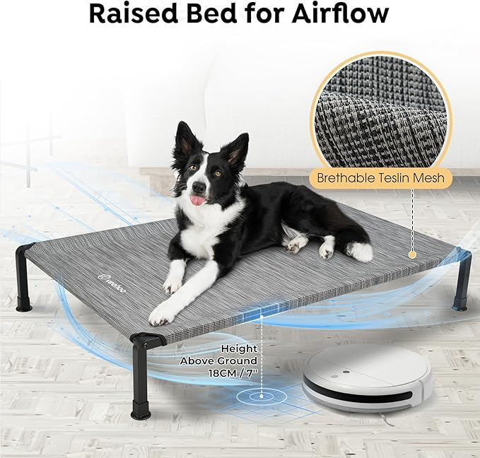 Veehoo Heavy Duty Elevated Dog Bed - Raised Dog Cot with Washable & Breathable Teslin Mesh, Non-Slip Silicon Feet, Cooling for Indoor or Outdoor, 29" x 18", Black Silver
