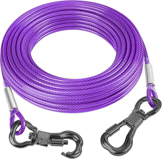 Tresbro 50FT Reflective Tie Out Cable for Dogs Up to 250 Pounds, Steel Wire Lead Leash Cable with Stainless Rotatable Buckle, Lightweight and Enduring, Dog Chains Outside for Outdoor, Yard, Purple