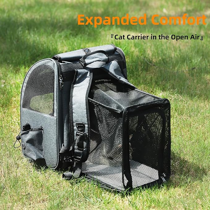 Hoopet Expandable Cat Backpack Carrier – Breathable Pet Carrier for Small Cats & Dogs, Foldable Travel Backpack with Mesh Ventilation for Hiking, Walking, Camping, Dark Grey