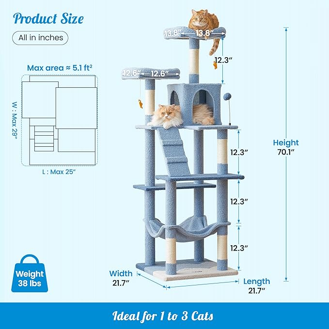 MWPO Ocean-Themed Cat Tree, 70.1-Inch Multi-Level Tall Tower for Indoor Cats, Plush Cat Condo with Big Padded Perches, Sisal-Covered Scratching Posts, Hammock, Toys for Kittens, Blue