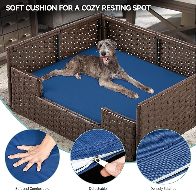 YITAHOME Rattan Dog Sofa Bed with Cushion, Wicker Pet Bed Sofa Couch Indoor Outdoor Waterproof for Large Medium Small Dogs Cats (38.6''L*26.4''W*15''H,Blue)