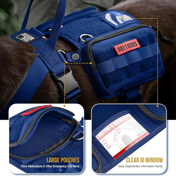 OneTigris Service Dog Vest Harness, Service Dog Cape Guardian Dog Backpack Harness with Pouches Dog Saddle Bag for Small Medium and Large Dogs (Blue, Small)