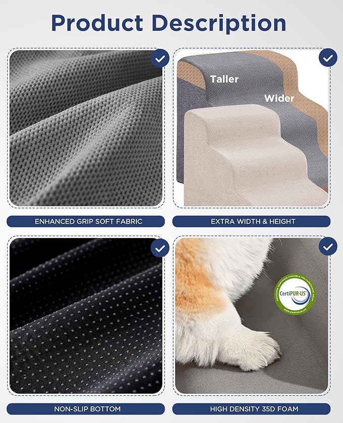 Gray Curved Dog Stairs Ramp for Small Dogs & Cats 17.1" H, 3-Step Dog Steps for Couch Sofa and Chair, Pet Stairs for Cats, Non-Slip Balanced Pet Steps