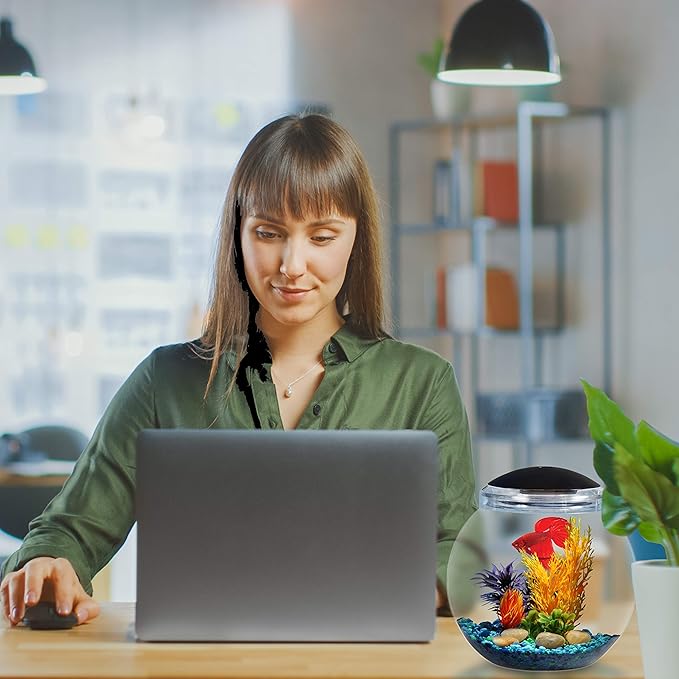 Koller Products 1-Gallon Globe Fish Bowl, Impact- Resistant Plastic Aquarium Starter Kit with LED Lighting, Built-in Timer, Crystal-Clear Clarity, Desktop Fish Tank for Home Décor