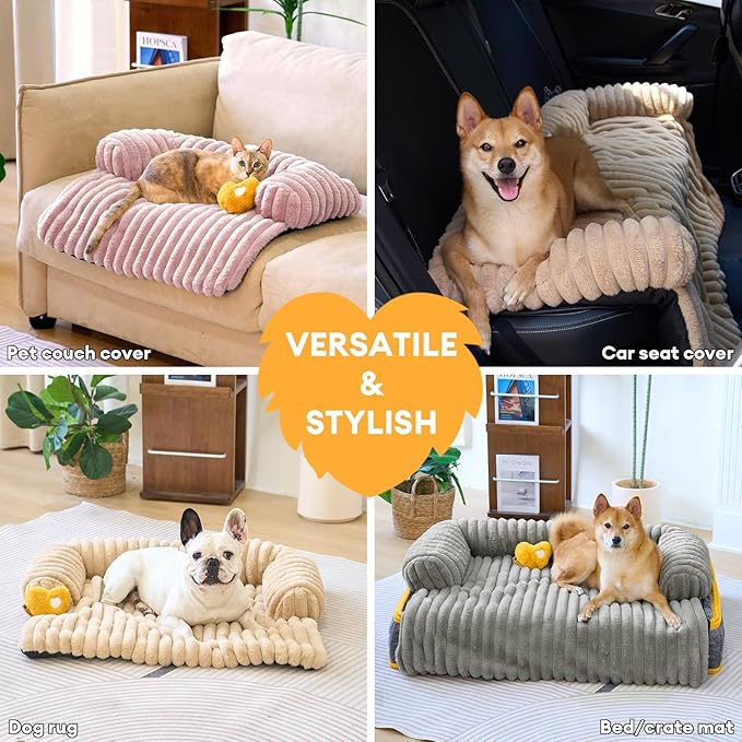 FUNNY FUZZY Pet Couch Cover for Sofa, Calming Dog Bed for Couch, Fluffy Plush Dog Couch Mat for Furniture Protector for Large Medium Small Dogs and Cats, Mist Grey