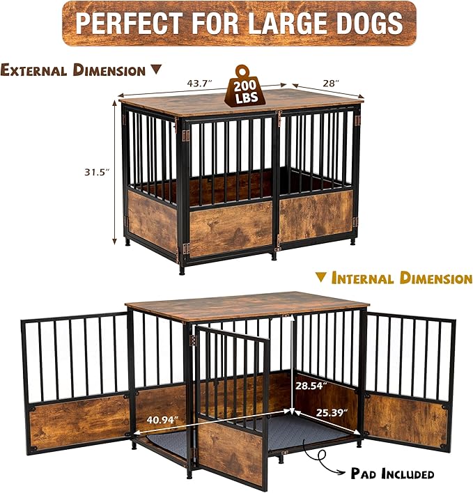 KOOPRO 43.7" Inch Dog Crate Furniture with Cushion for Large Dogs, Wooden Heavy Duty Dog Kennel with Double Doors Indoor, Decorative Pet House Dog Cage Side End Table, Rustic Brown
