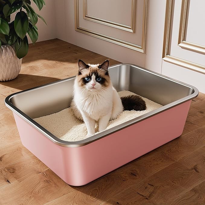 Stainless Steel Litter Box, Large Metal Cat Litter Box with High Sided for Big and Small Cats, Non-Stick, Easy to Clean, Odor-Free, 19.5" L×13.6" W×5.9" H, Blush Pink