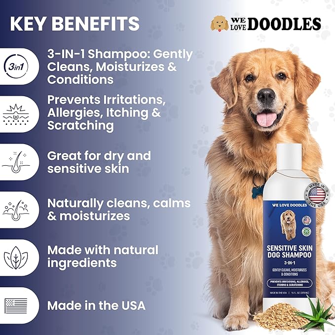 Premium 3-in-1 Sensitive Skin Dog Shampoo, Great for Allergies, Itching, Scratching, Anti-Itch Shampoo for Dogs with Oatmeal & Aloe, Made in USA, Natural Ingredients, 16 oz [We Love Doodles]