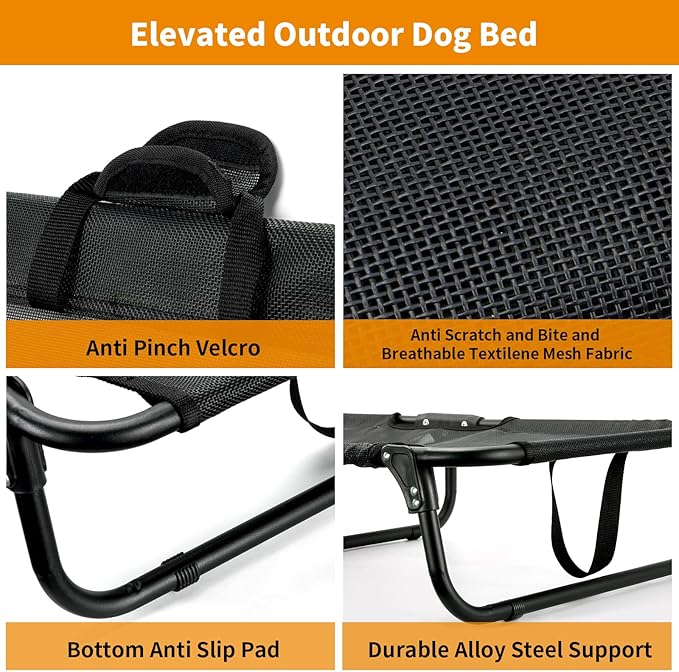 Elevated Dog Bed, Foldable Raised Dogs Bed Outdoor Dog Cots Beds for Large Dogs Cooling Outside Camping Chew-Proof No Assembly Need, Black
