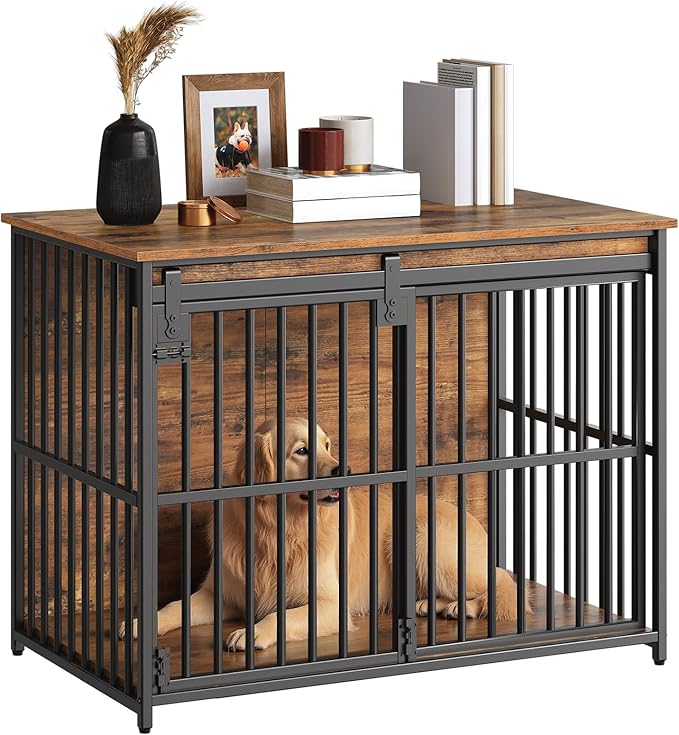 HOOBRO Dog Crate Furniture, 36.6" Heavy Duty Dog Kennel with Sliding Barn Door, Wooden Dog Cage Indoor, Decorative Side End Table for Small/Medium Dogs, Rustic Brown and Black FG162GW03G1