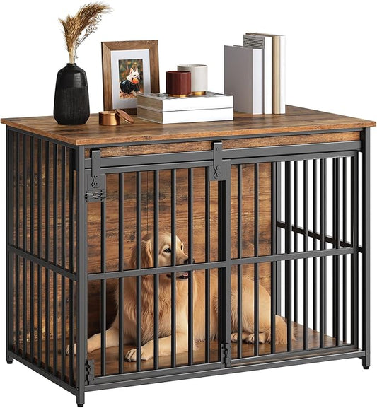 HOOBRO Dog Crate Furniture, 36.6" Heavy Duty Dog Kennel with Sliding Barn Door, Wooden Dog Cage Indoor, Decorative Side End Table for Small/Medium Dogs, Rustic Brown and Black FG162GW03G1