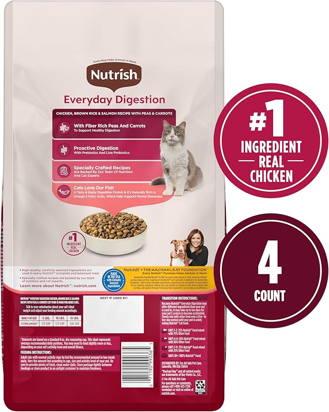 Nutrish Everyday Digestion Dry Cat Food, Chicken Brown Rice and Salmon Recipe with Peas and Carrots, 3 lb. Bag, 4 Count, (Rachael Ray)
