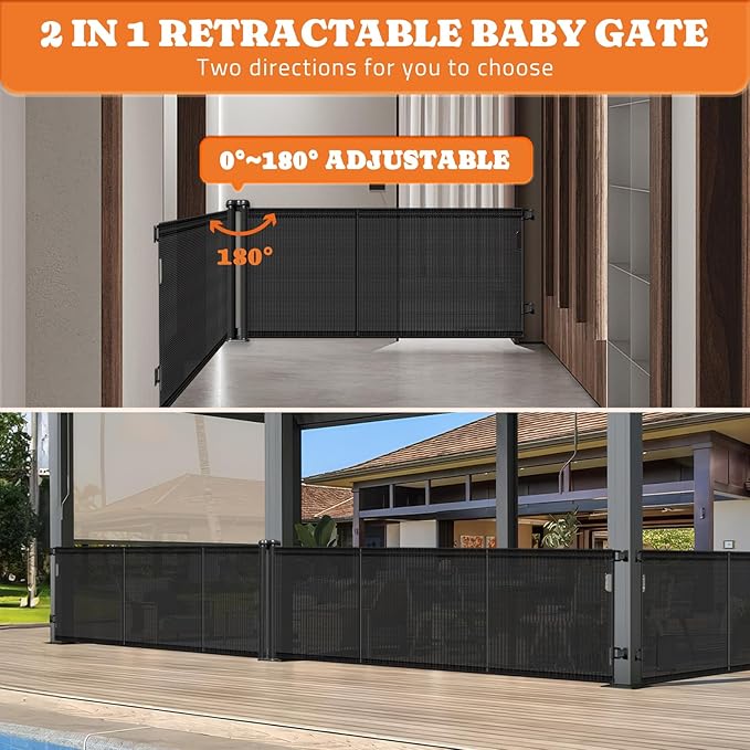 2-in-1 Retractable Baby Gates, 41" Tall Mesh Dog Gate 1-Pack, One Side Up to 200" Wide, Total 400" Wide, Long Retractable Pet Gate for Yard Swimming Pool Garage Indoor Outdoor-Black