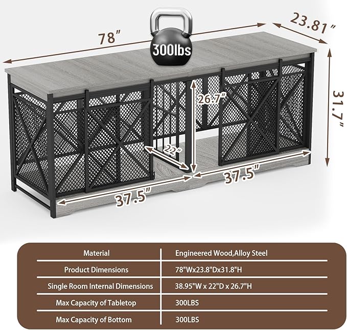 COZPAW 78 Inch Double Dog Crate Furniture, Extra Large Dog Kennel Indoor for Medium Large 2 Dogs, Heavy Duty Dog Cage Chew-Resistant Steel and Wooden Pet House with Removable Divider (Grey)