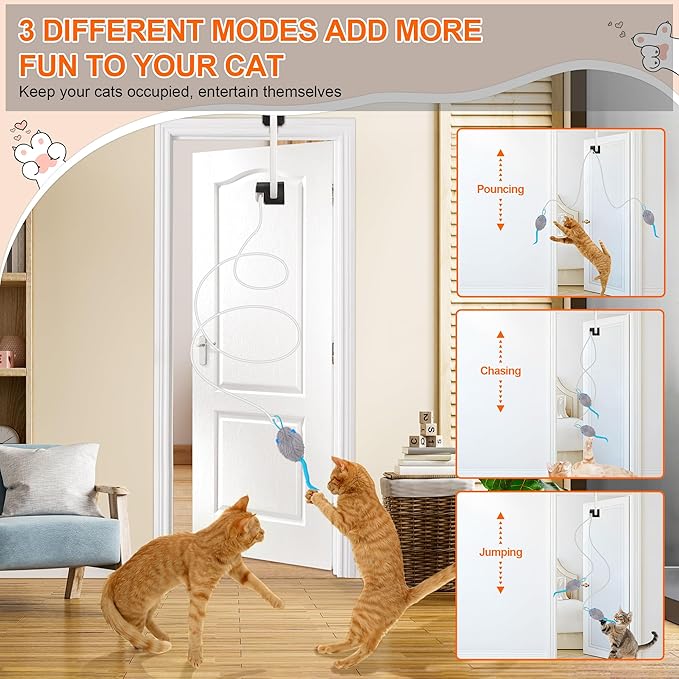 Cat Toy, Upgraded Smart Interactive Cat Toys with Remote Control, USB Rechargeable Door Hanging Retractable Kitten Toy for Self Play, Teaser Electronic Feather Cat String with 3 Plush Mice