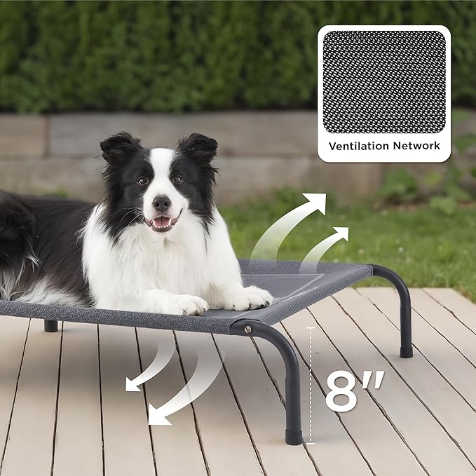 Bedsure Outdoor Elevated XL Dog Bed, Portable Indoor & Outdoor Cooling Raised Cot Pet Hammock Bed with Skid-Resistant Feet, Frame with Breathable Mesh, Grey, 54 inches
