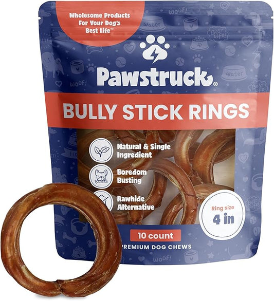 Pawstruck All-Natural 4" Bully Stick Rings for Dogs - Rawhide-Free, 100% Beef, Single Ingredient Dental Chew Bones - Fully Digestible, Low Odor - 10 Count - Packaging May Vary
